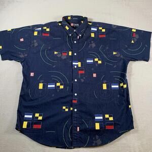 Chaps Ralph Lauren Shirt Mens XL Navy Nautical‎ Flag Print Button Up Casual 90s